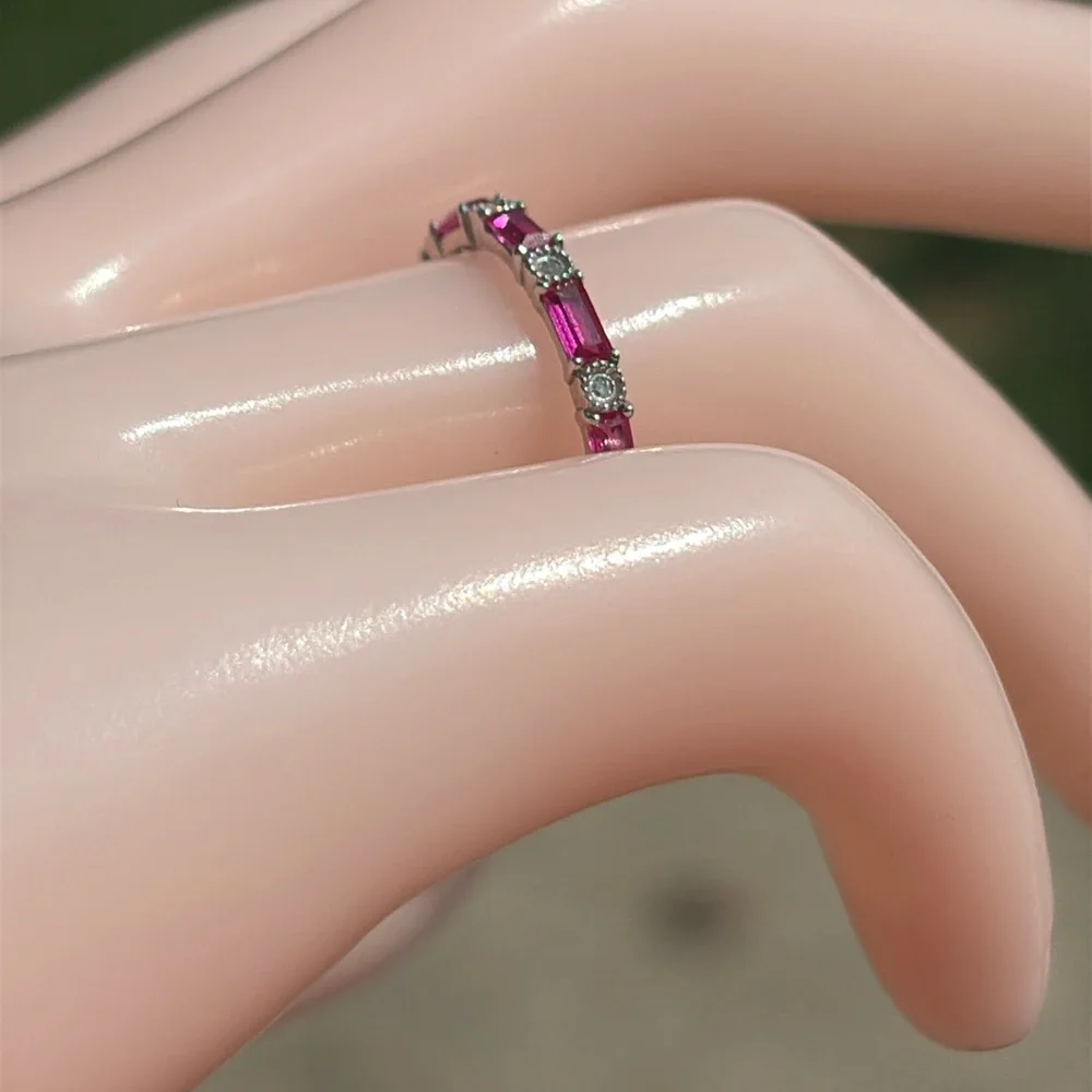 10kt White Gold Baguette Lab Ruby & Natural Diamond Band Ring Stacking Size 7 - Picture 5 of 15
